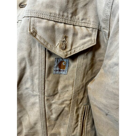 Vintage Carhartt Blanket Lined Chore Jacket Tan Distressed Workwear Size 44 USA - Picture 2 of 12
